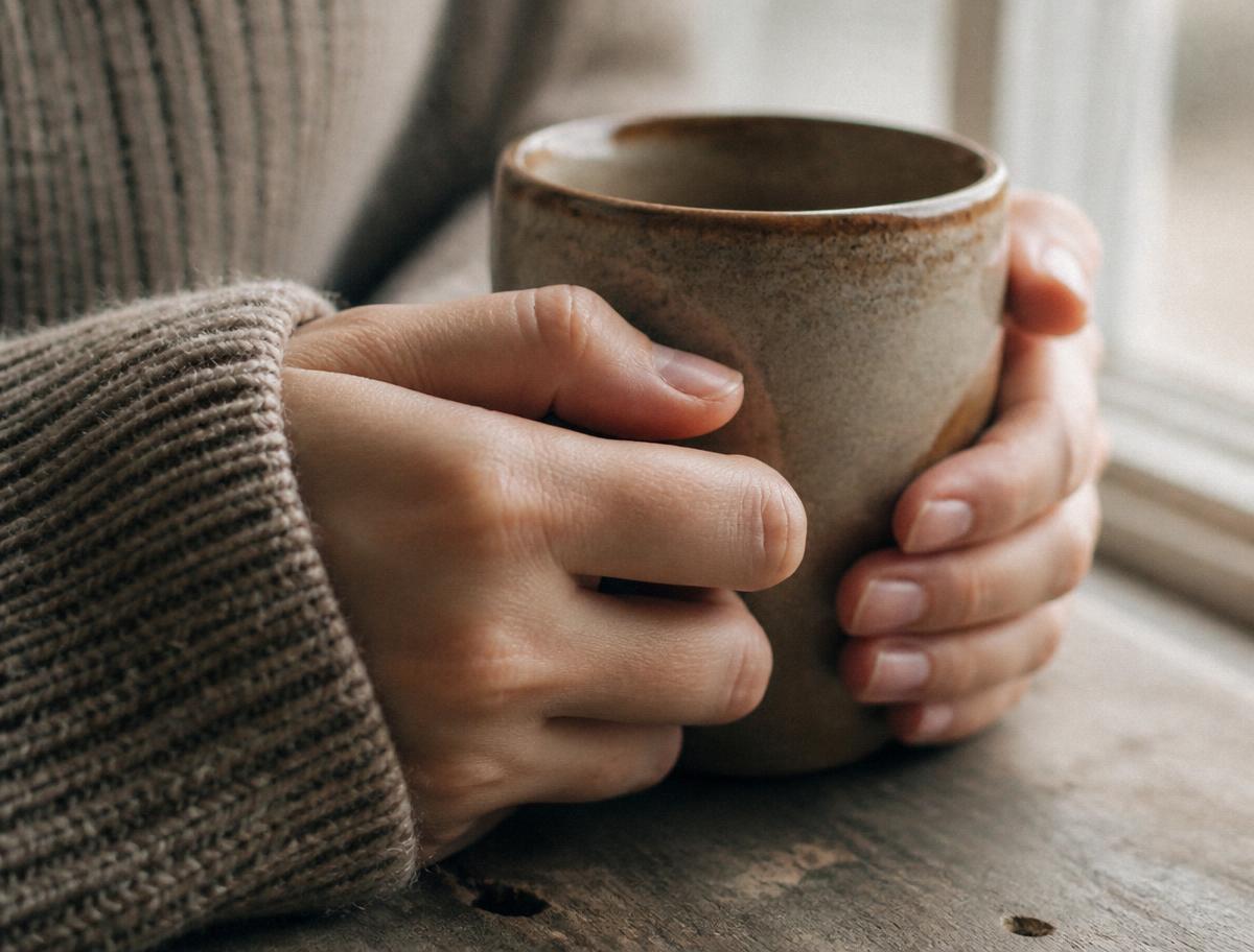 Two hands resting around a warm stoneware mug