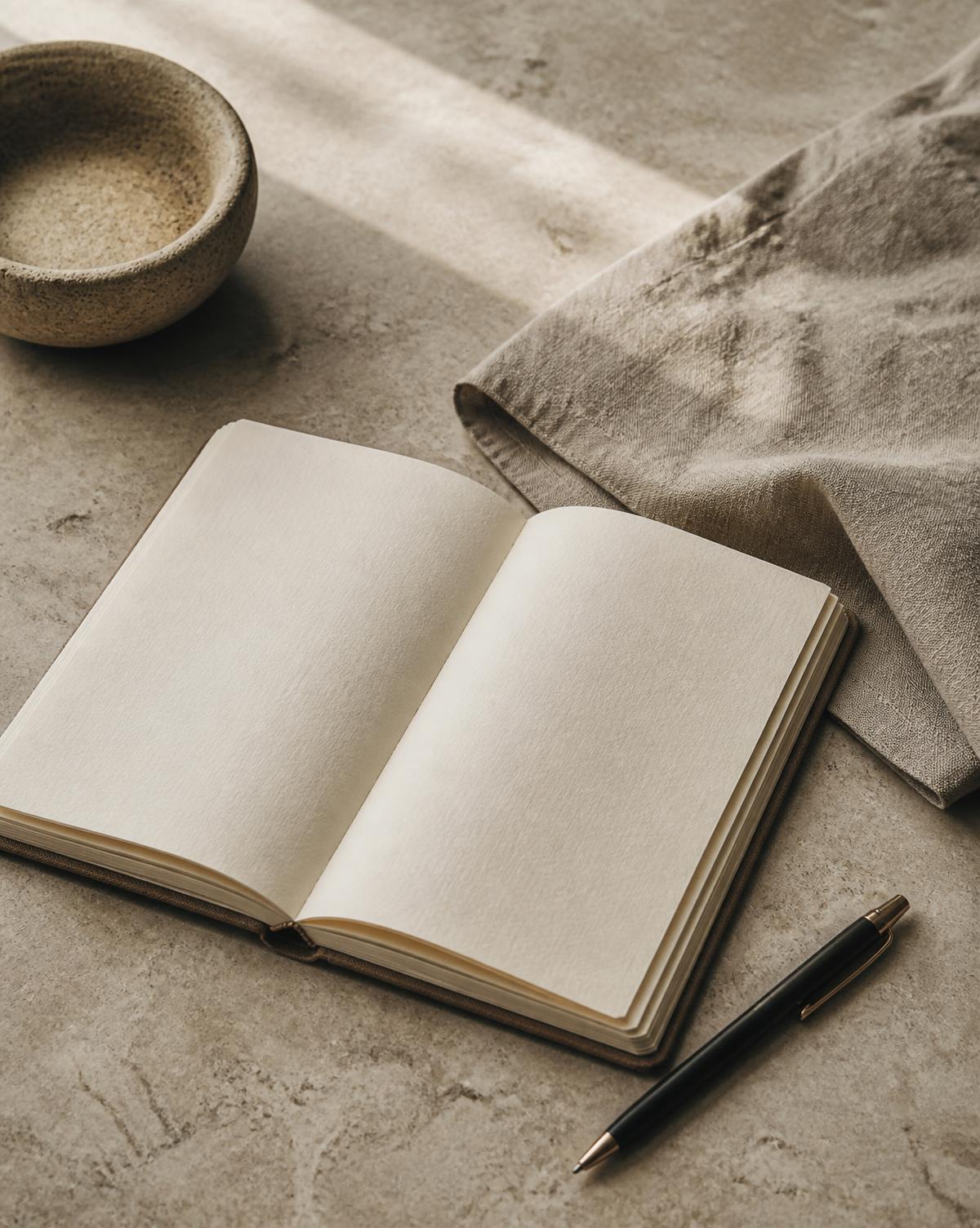 An open blank notebook and pen on a stone surface
