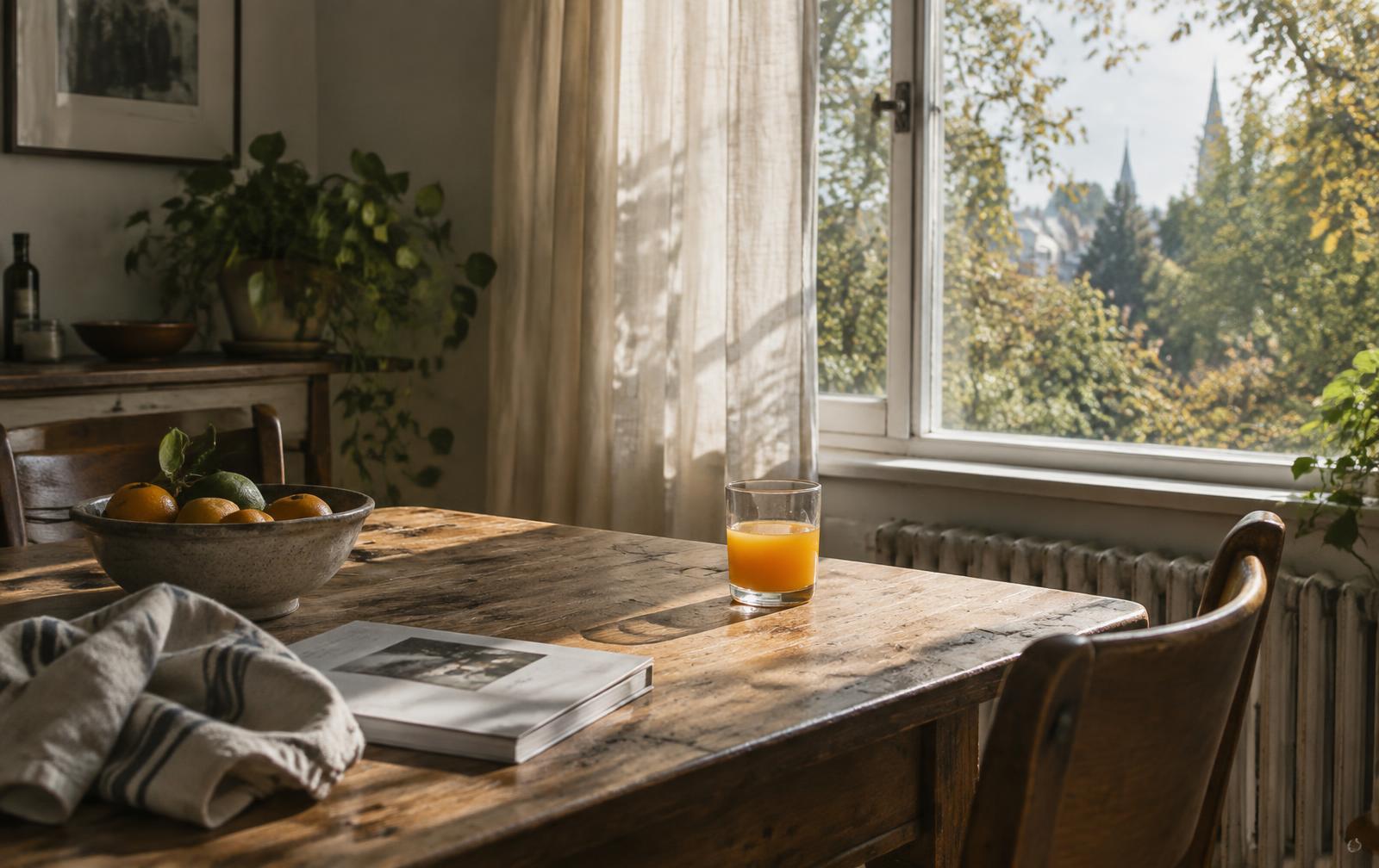 Morning sunlight across a lived-in wooden table, with fresh orange juice and autumn trees beyond the window