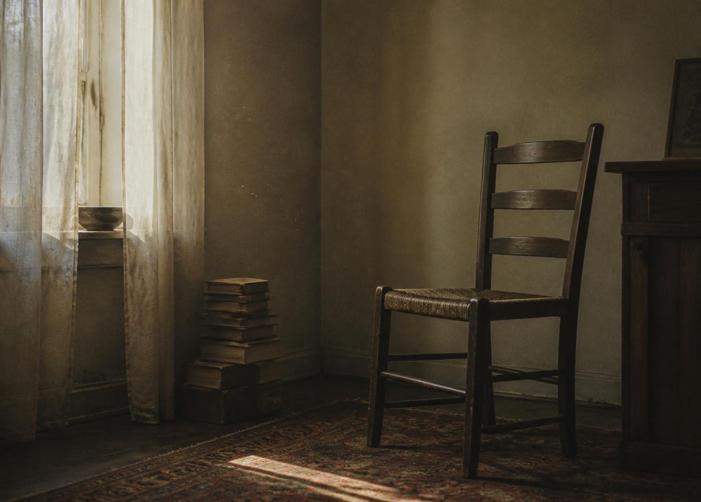 An empty chair beside a curtained window in soft afternoon light.