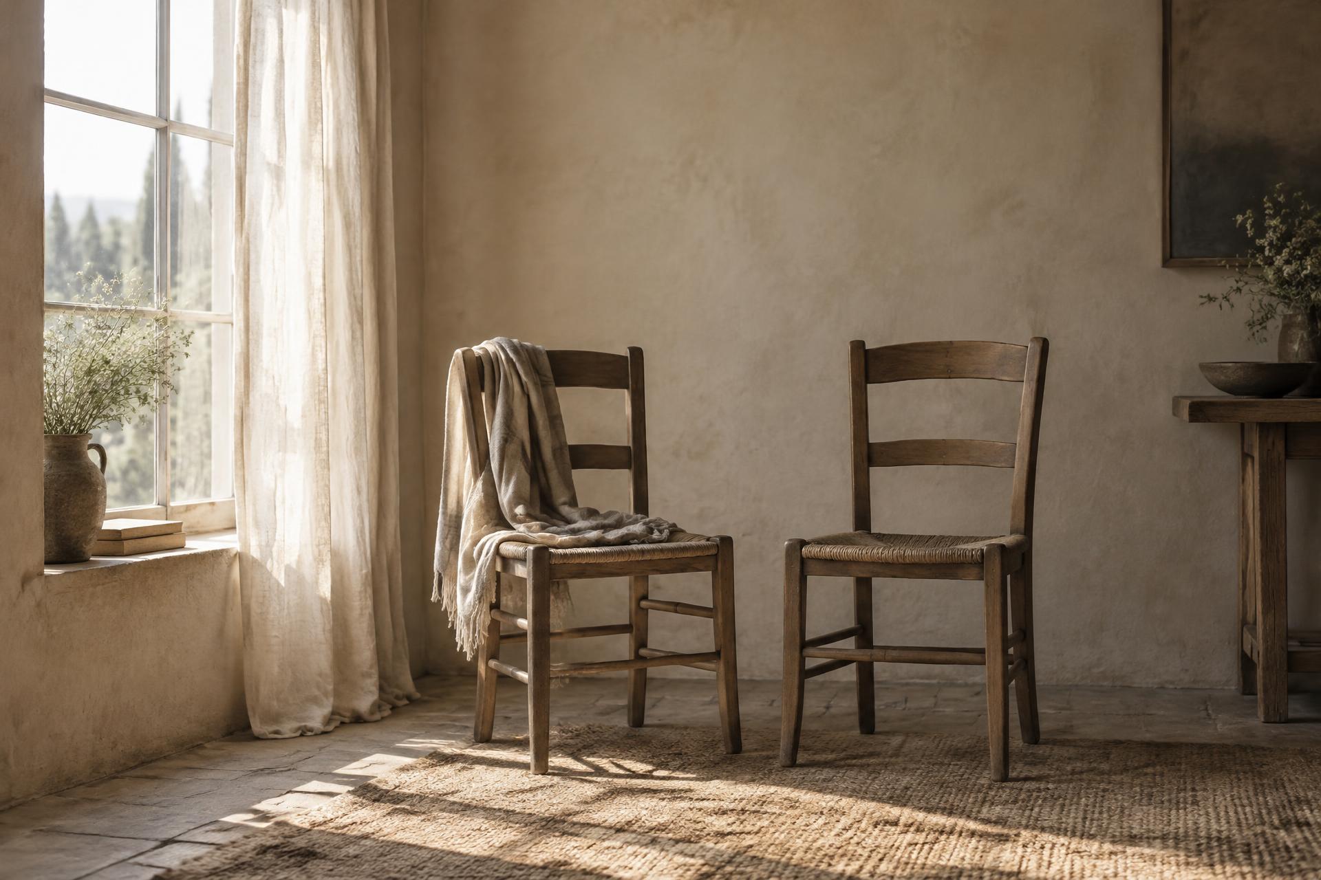 Two quiet places beside a softly lit window, evoking companionship, absence, and remembrance.