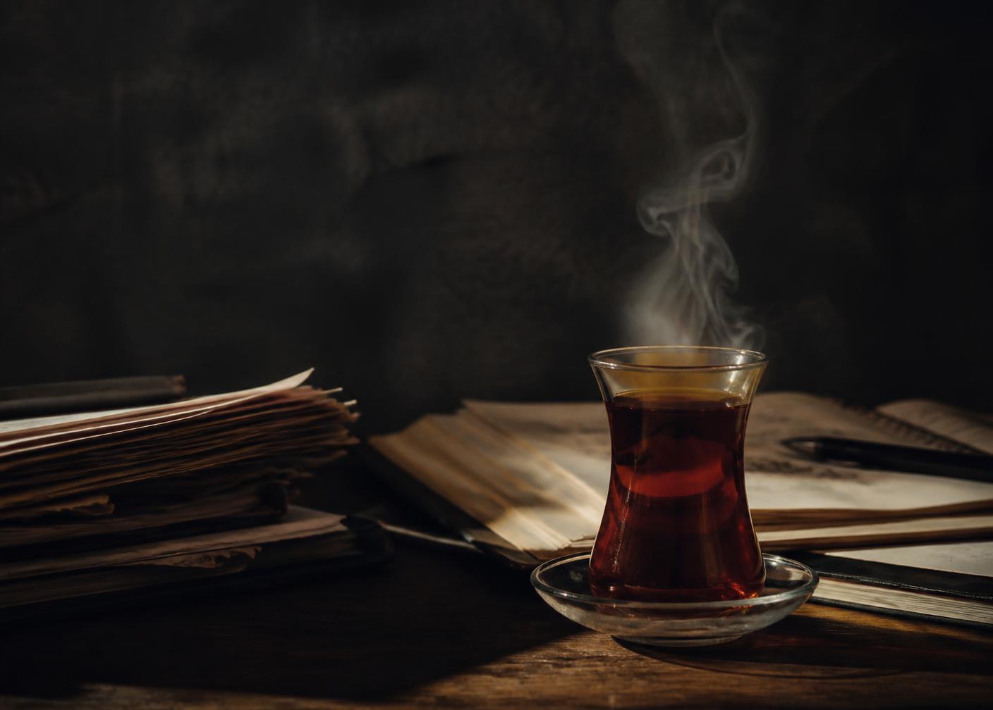 Steam rising from a glass of tea in low morning light